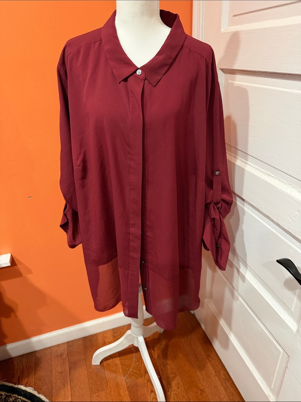 DKNYC Burgundy Sheer-Hem Roll-Tab Tunic Blouse